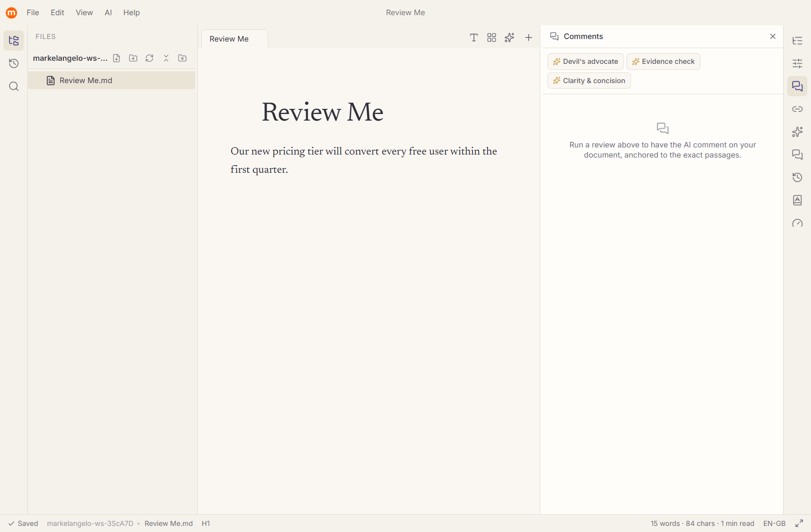 The Comments panel showing the three review prompts along the top and the review inbox below.