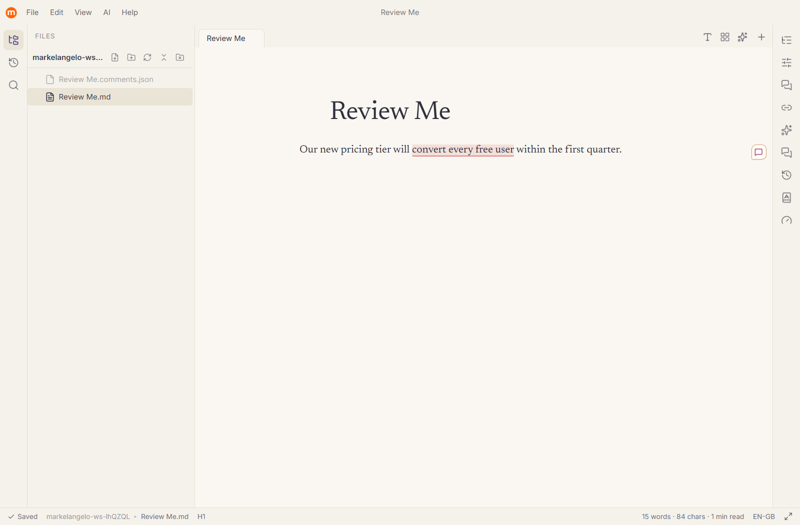 The editor with a sentence highlighted and a comment bubble in the right margin, produced by a Devil's advocate review.