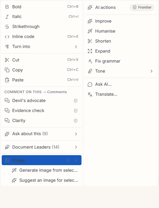 The Image group of the right-click menu: generate from selection, suggest a prompt, insert from file.