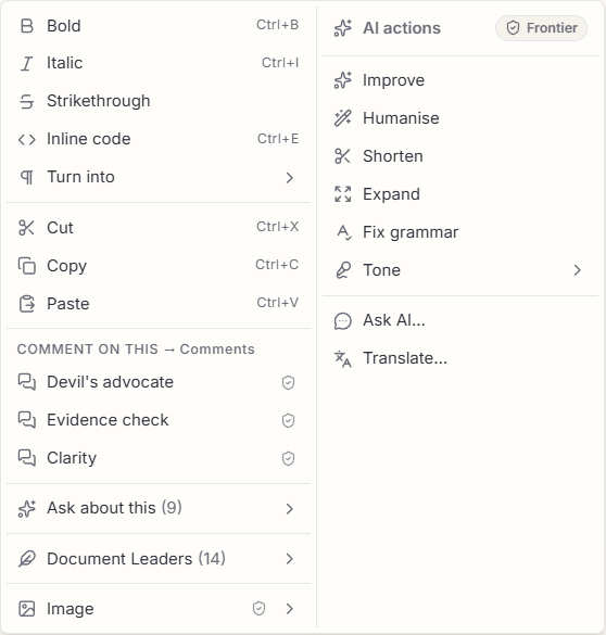 The two-column right-click menu: formatting and prompts on the left, a column of AI actions on the right.