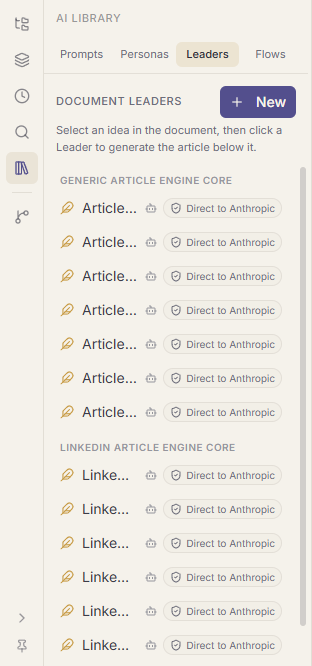 The Document Leaders sidebar: two seeded engines, each with seven named voices.