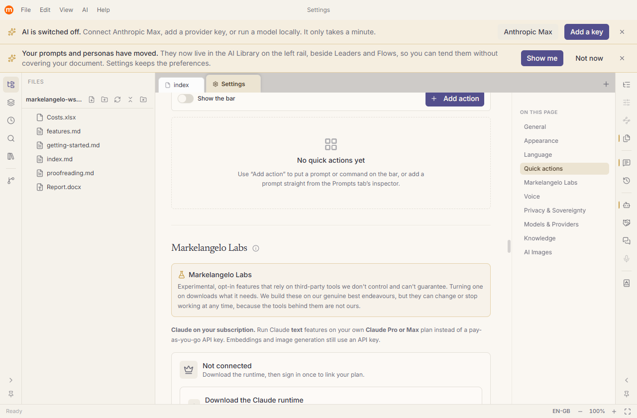 The Markelangelo Labs settings tab with the Claude subscription feature enabled.