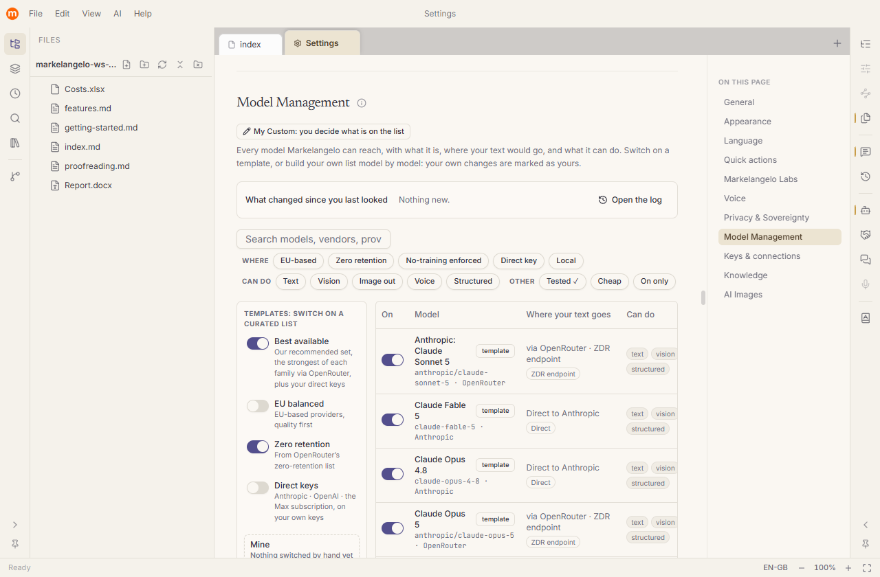 The Model Management section: a search box and three filter groups (Where, Can do, Other), a templates panel on the left, and a table of models with columns for where your text goes, what it can do, price, context, health and lifecycle.