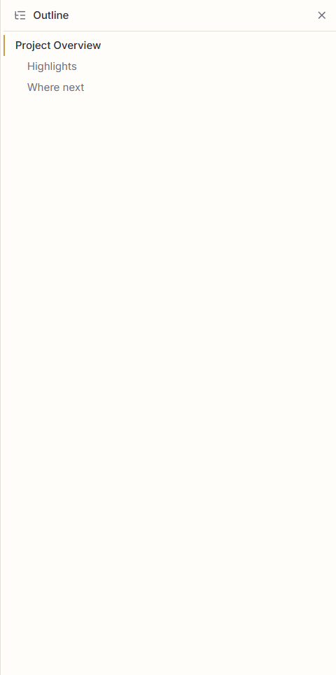 The Outline dock panel showing a clickable tree of document headings, with the current section highlighted.