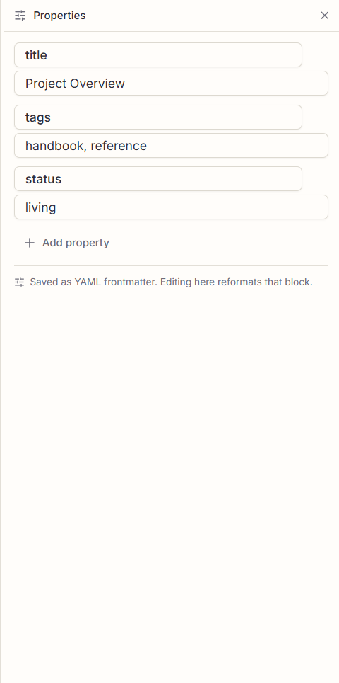 The Properties dock panel showing frontmatter fields: a title text field, a tags list and a status field, each editable as a typed control.