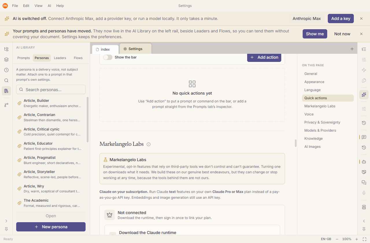 The Personas tab of the Settings Shop: a searchable list of reusable voices beside an editor with Name, Description and Instruction fields.