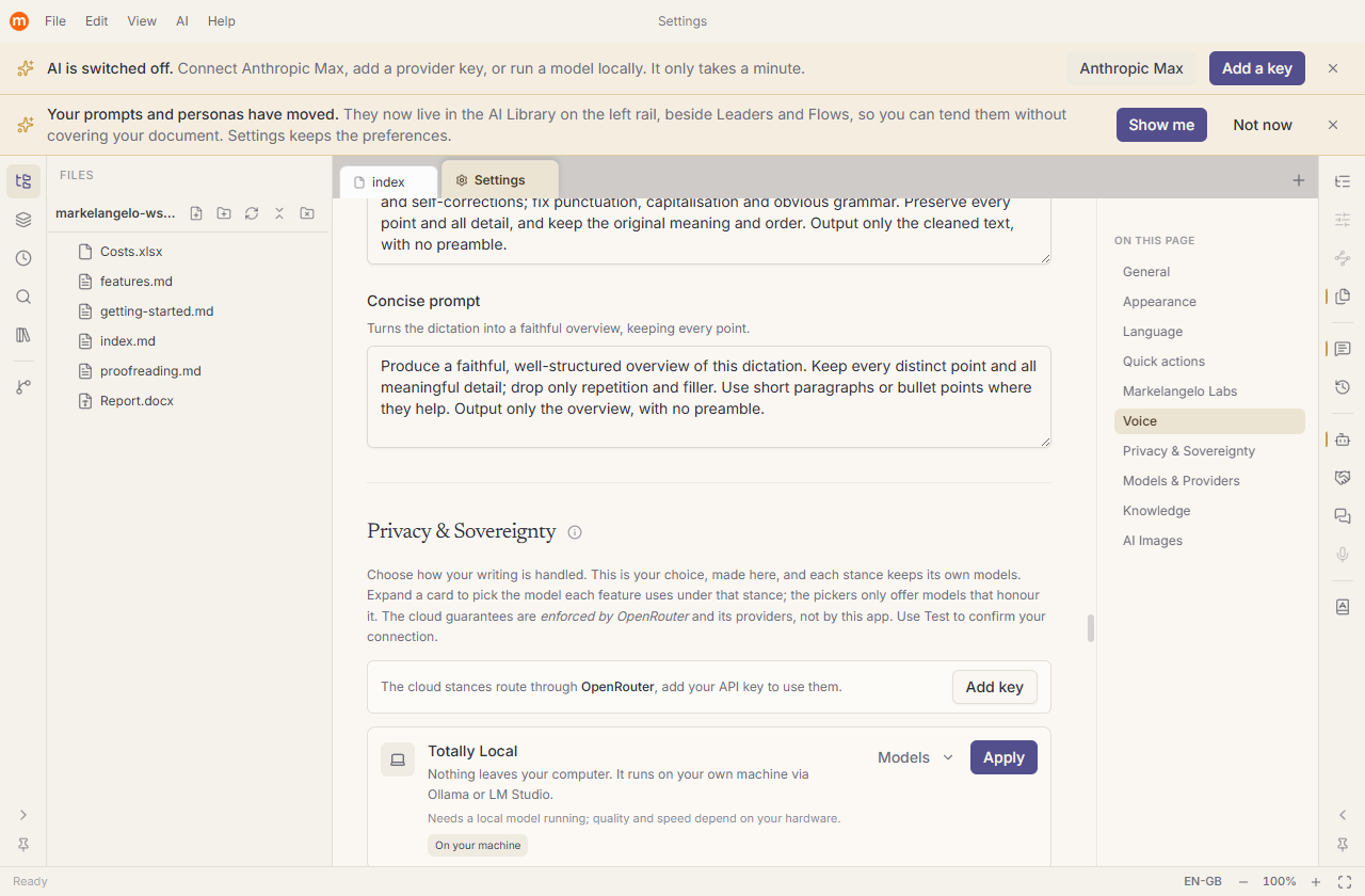 The Privacy tab: five sovereignty stances, each with its promise, trade-off and an Apply button.