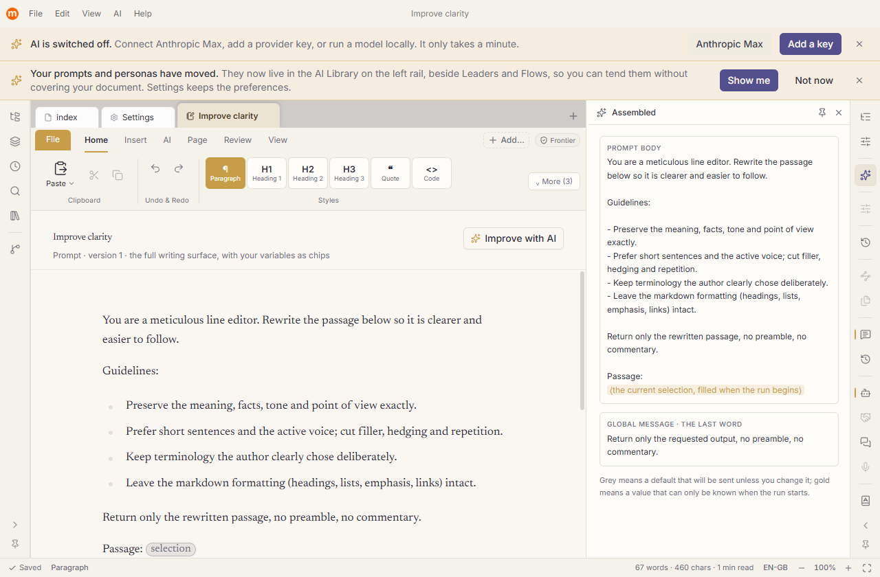 The Prompts tab: the library, a full prompt editor, and a live-context inspector.