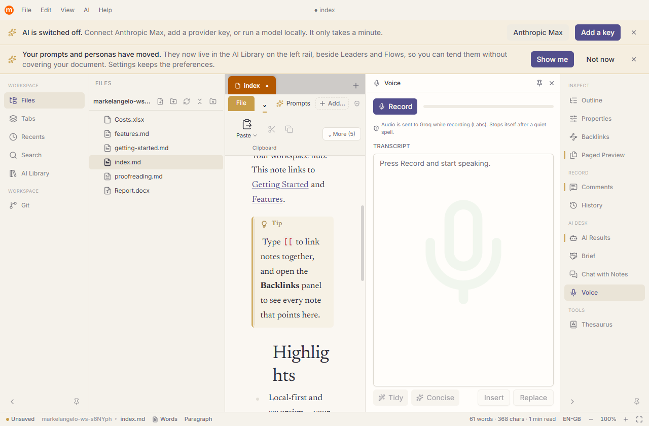 Both icon rails expanded to show text labels beside each icon: the left rail lists Files, Recents, Search, Prompts and Document Leaders; the right rail lists Outline, Properties, Comments, Backlinks, AI, Chat with Notes, History, Thesaurus and Usage.