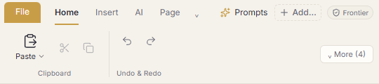 The ribbon across the top of the editor: the File menu, then the Home, Insert, AI, Page, Review and View tabs, with the Home tab open showing clipboard, undo and redo, styles, marks and list controls.