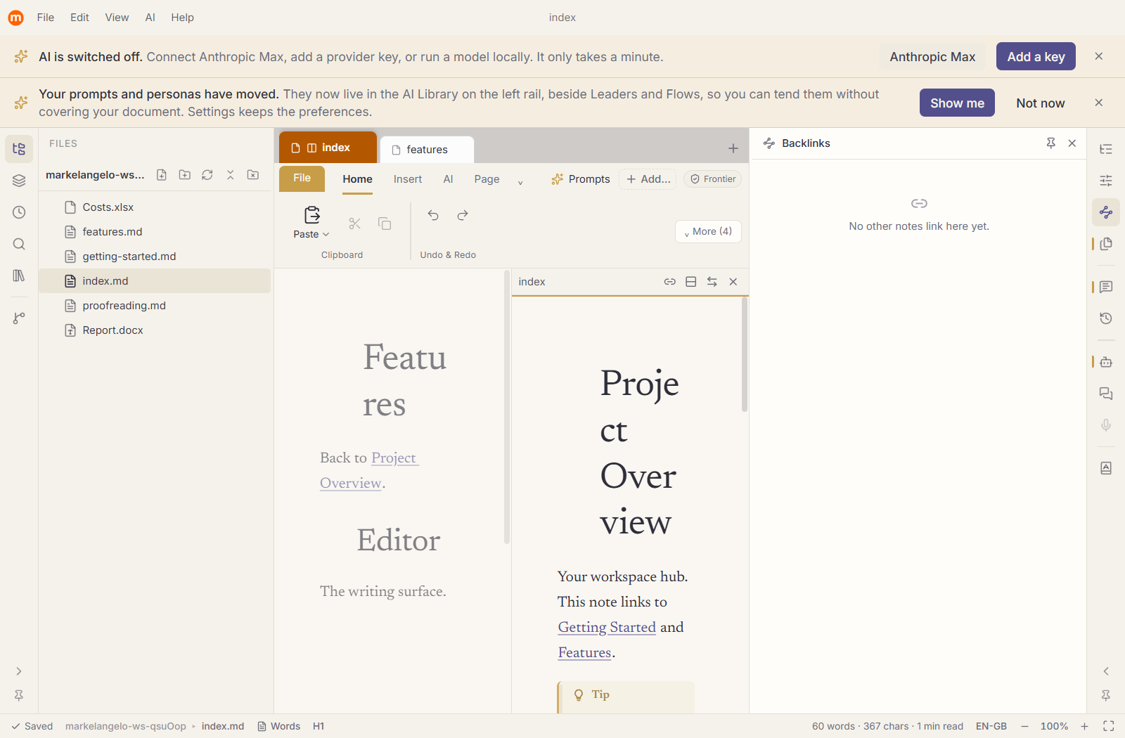 Two documents side by side in split view, the focused pane marked with a fine gold line.