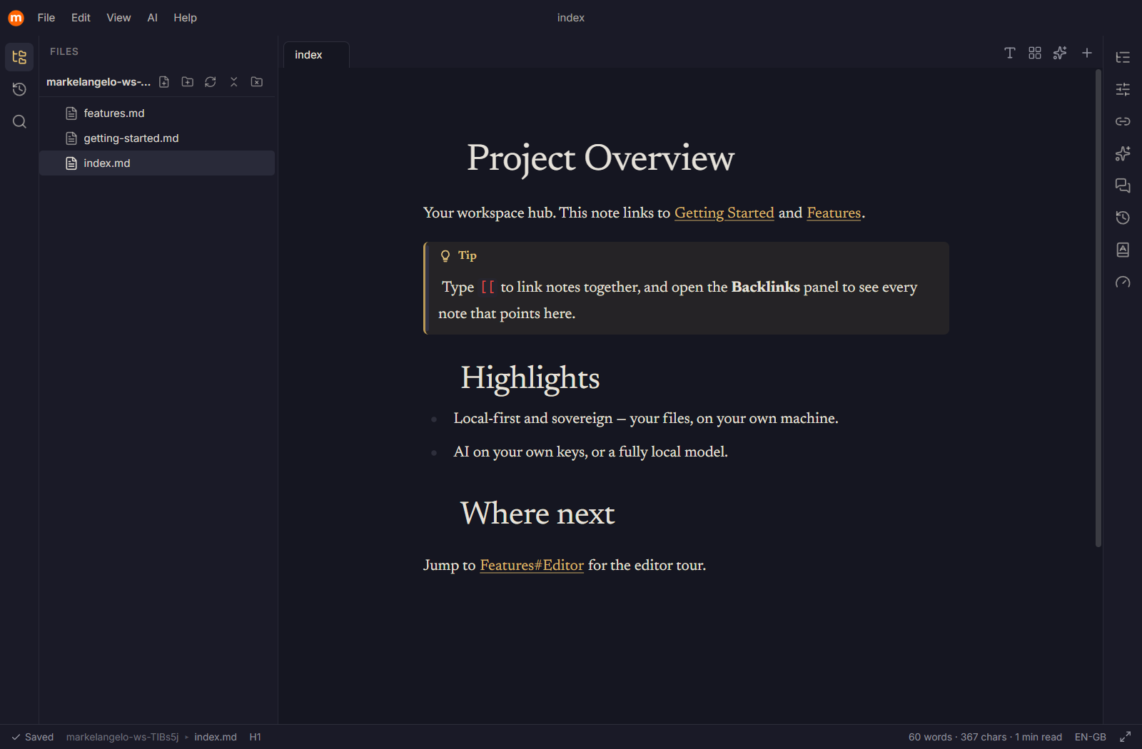 The Markelangelo app rendered in the dark Midnight theme, showing the editor and dock in low-light tones.