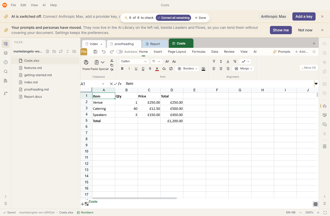 A spreadsheet open in Markelangelo, showing a formula bar, a grid of costs with currency formatting, and a spreadsheet ribbon.