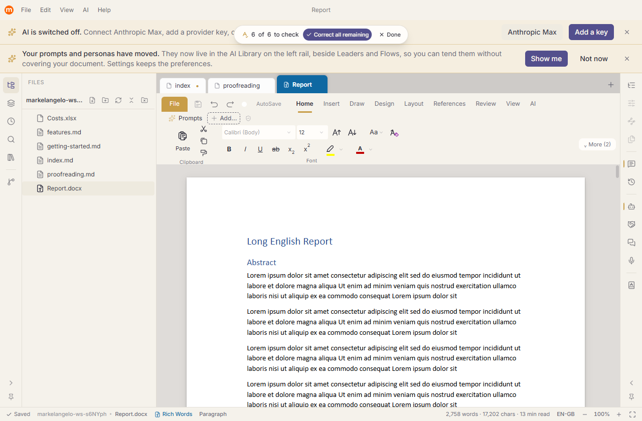 A Word document open in Markelangelo with a full ribbon, a ruler and real pages.